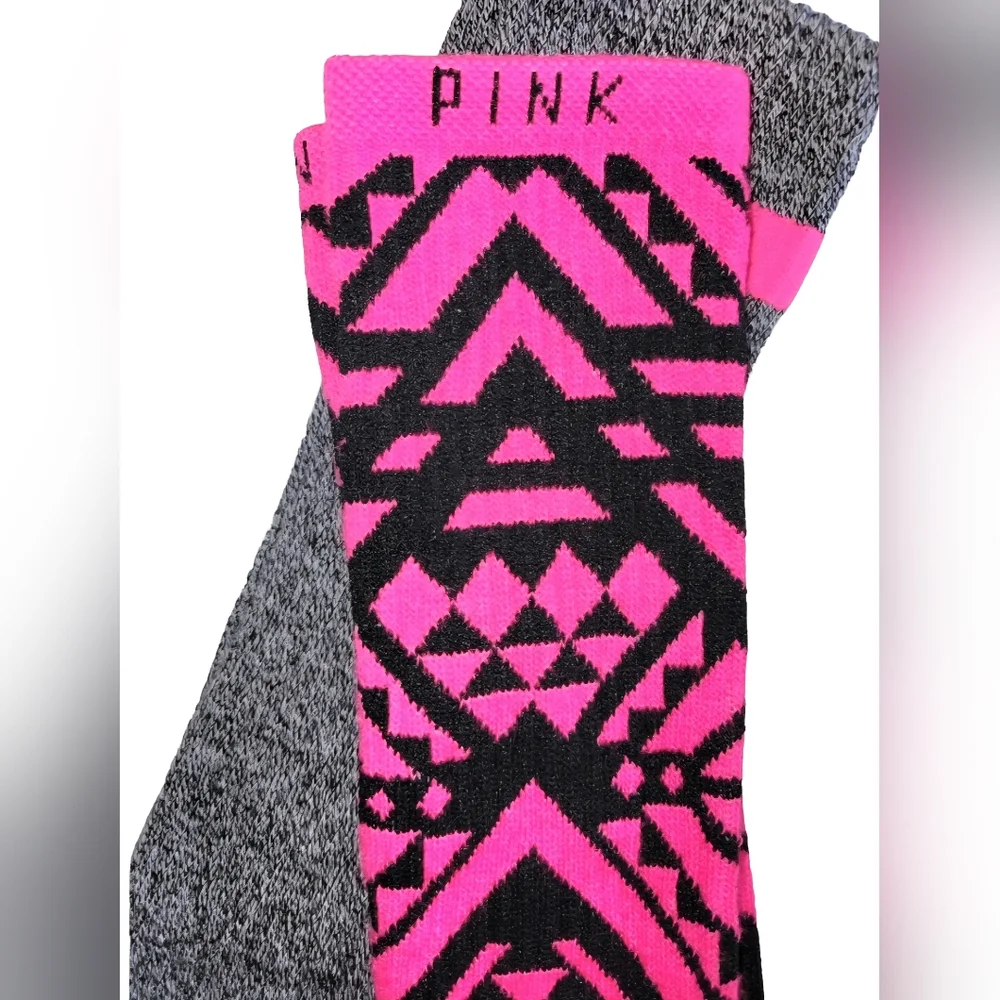 VS Pink 2 Pair Knee High Socks Bundle - Gray/Pink & Black/Pink Tribal Print